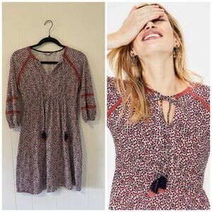 Boden US 4 Petite Jersey Dress Lace Trim Floral Boho Bishop Sleeve 100% Cotton